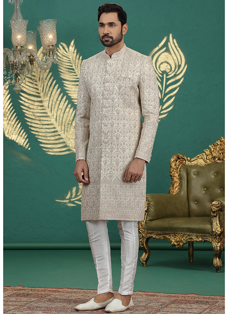 Art Silk Beige Groom Wear Thread Work Readymade Sherwani 385485