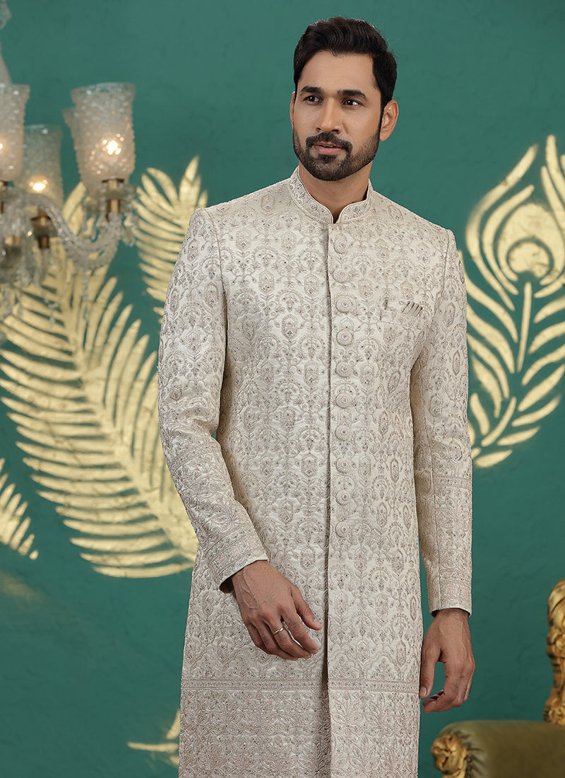 Art Silk Beige Groom Wear Thread Work Readymade Sherwani 385485