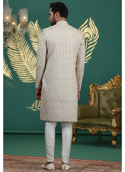 Art Silk Beige Groom Wear Thread Work Readymade Sherwani 385485