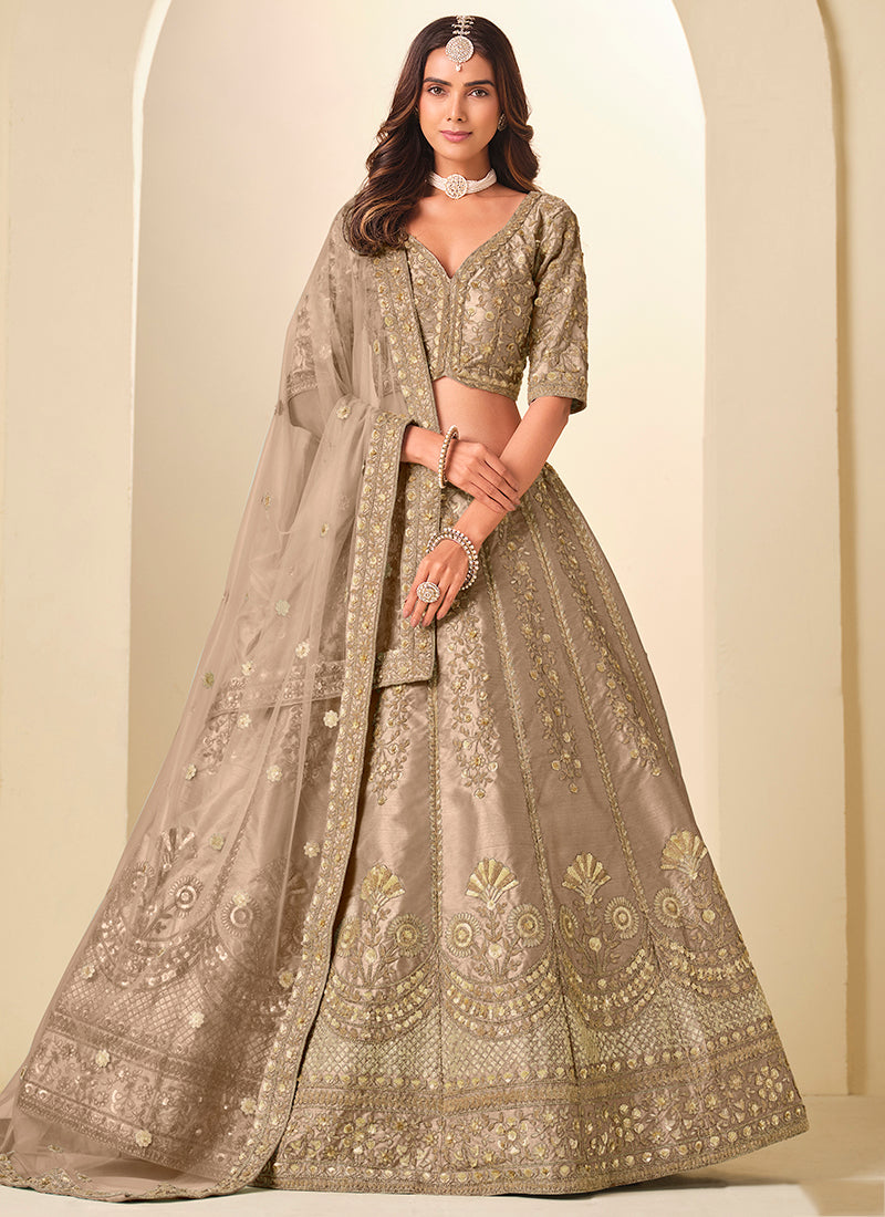 Beige Art Silk Embroidery Work Wedding Wear Lehenga Choli SW673000