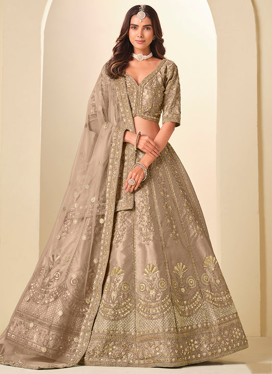 Beige Art Silk Embroidery Work Wedding Wear Lehenga Choli SW673000