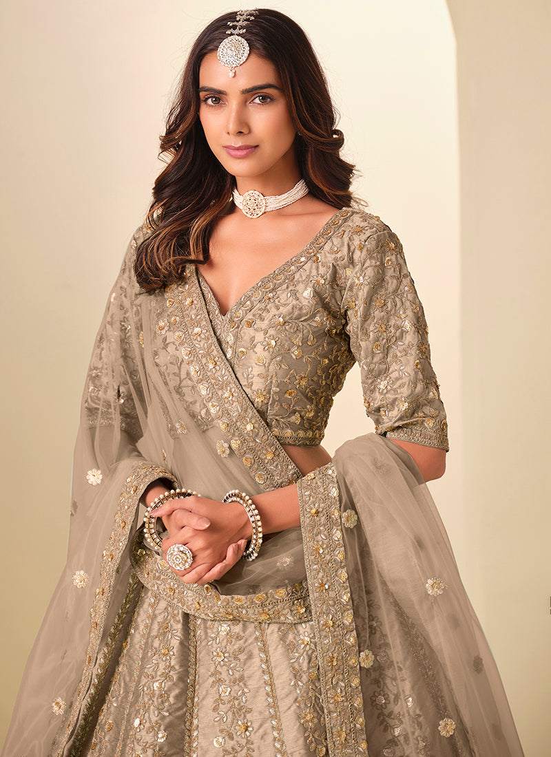 Beige Art Silk Embroidery Work Wedding Wear Lehenga Choli SW673000