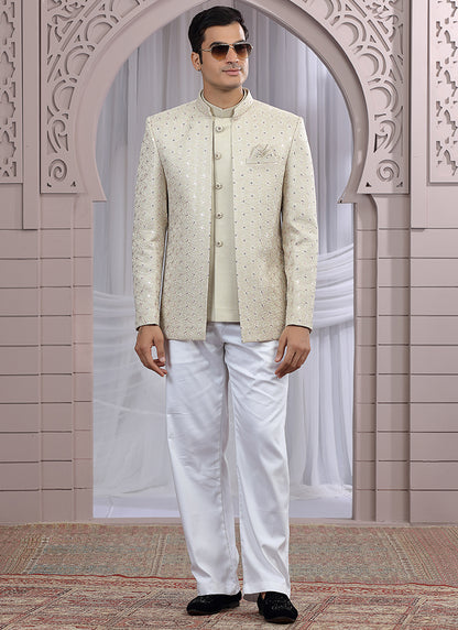 Art Silk Beige Wedding Wear Pattern Pc Work Readymade Indo Western 385496