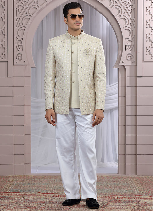 Art Silk Beige Wedding Wear Pattern Pc Work Readymade Indo Western 385496