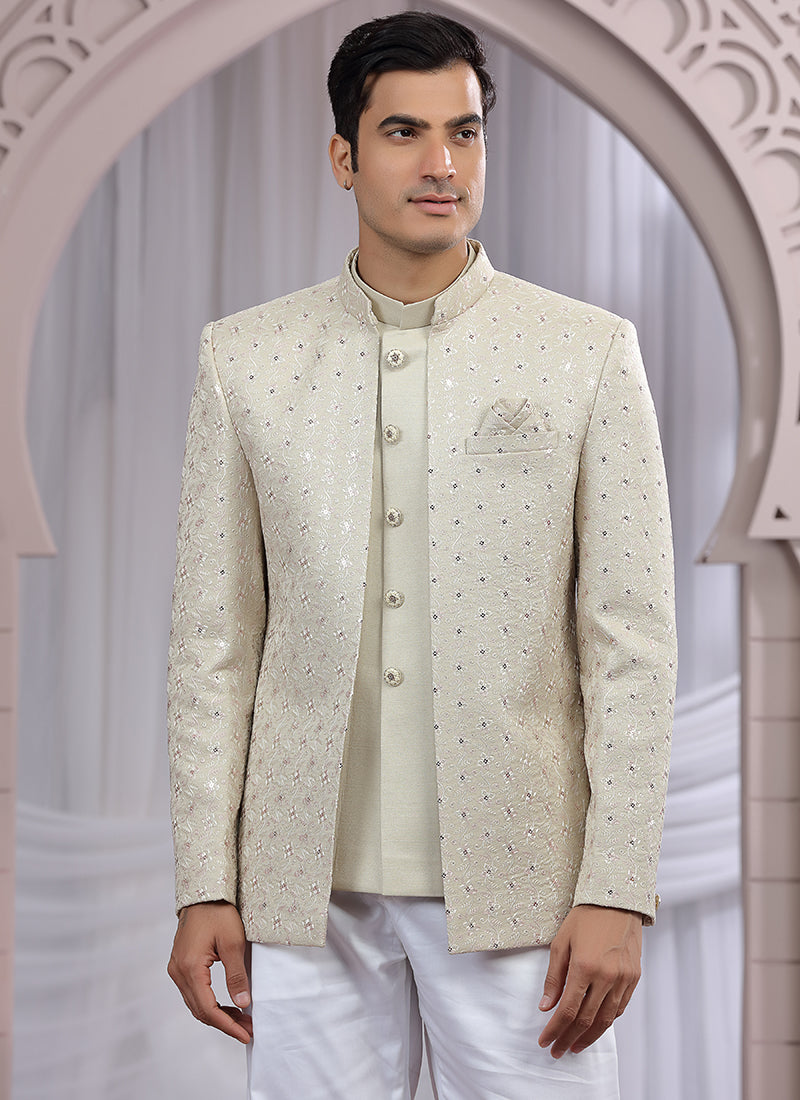 Art Silk Beige Wedding Wear Pattern Pc Work Readymade Indo Western 385496