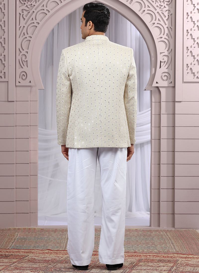 Art Silk Beige Wedding Wear Pattern Pc Work Readymade Indo Western 385496