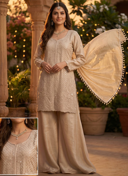 Beige Chinon Silk Embroidery Work Party Wear Readymade Plazzo Suit SW427563