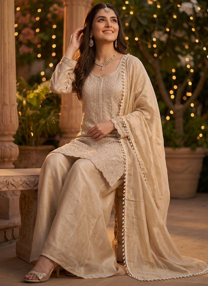 Beige Chinon Silk Embroidery Work Party Wear Readymade Plazzo Suit SW427563