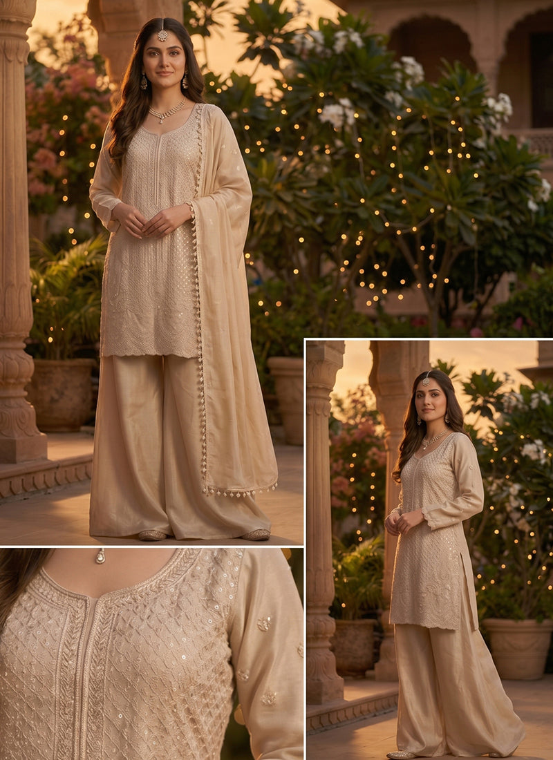 Beige Chinon Silk Embroidery Work Party Wear Readymade Plazzo Suit SW427563