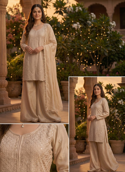 Beige Chinon Silk Embroidery Work Party Wear Readymade Plazzo Suit SW427563