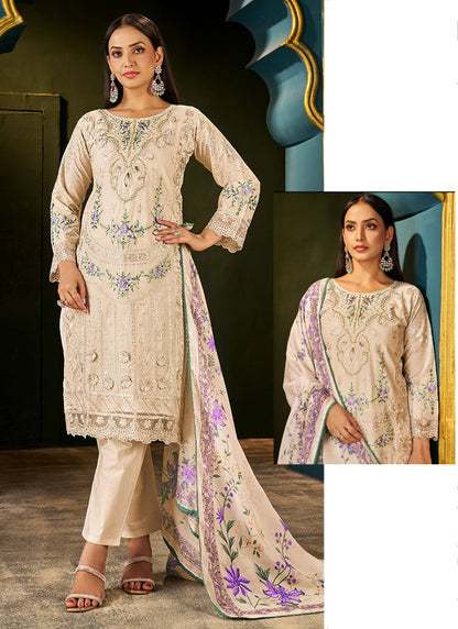 Beige Cotton Hand Work Eid Wear Pakistani Suit SW564164
