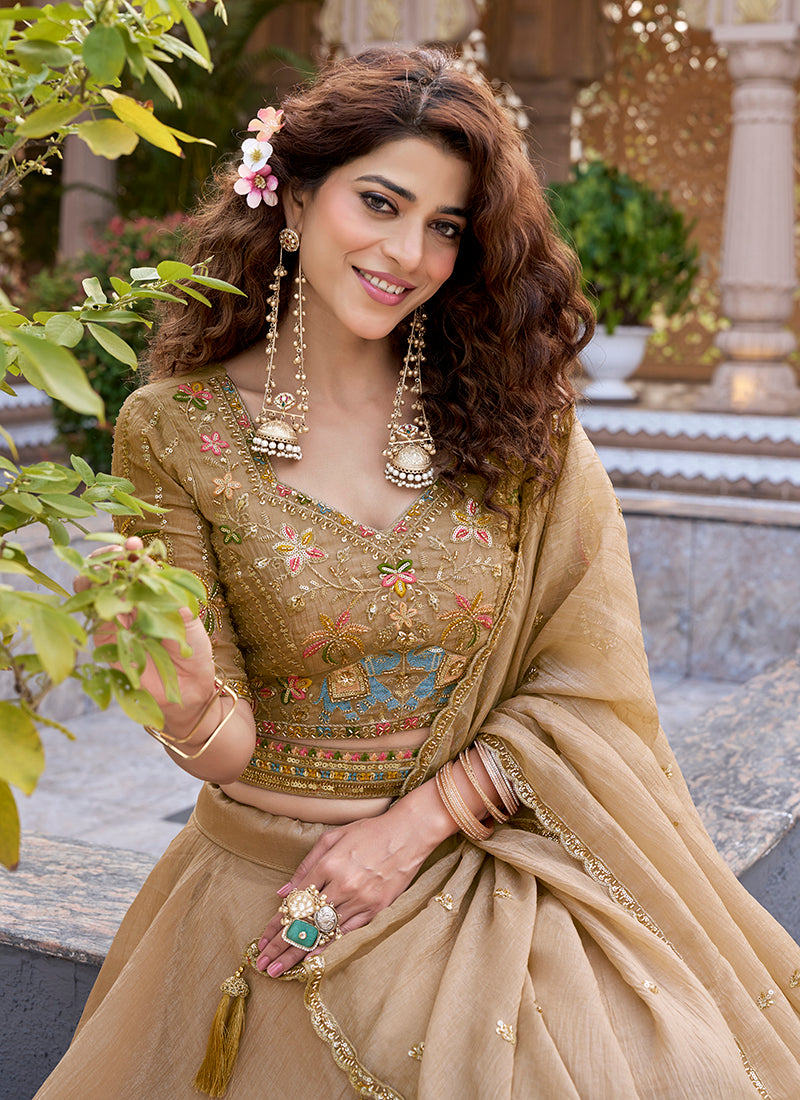 Beige Crunchy Silk Embroidery Work Occasional Wear Lehenga Choli SW916069