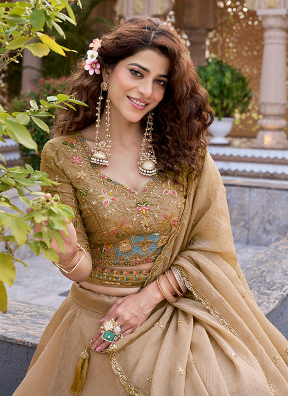 Beige Crunchy Silk Embroidery Work Occasional Wear Lehenga Choli SW916069