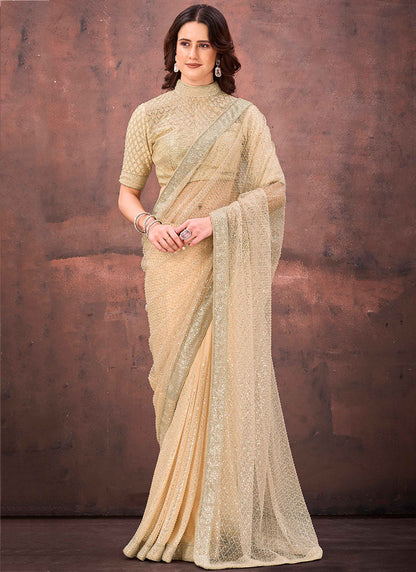 Crush Satin Beige Wedding Wear Bead Work Ready To Wear Saree 387527