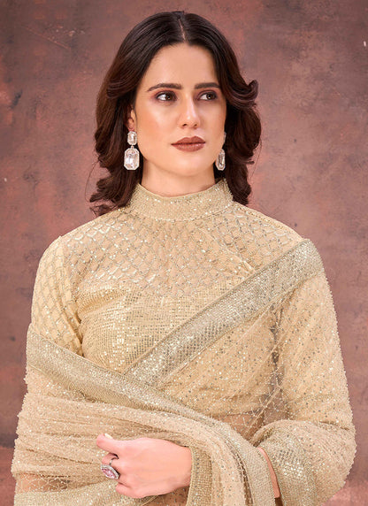 Crush Satin Beige Wedding Wear Bead Work Ready To Wear Saree 387527