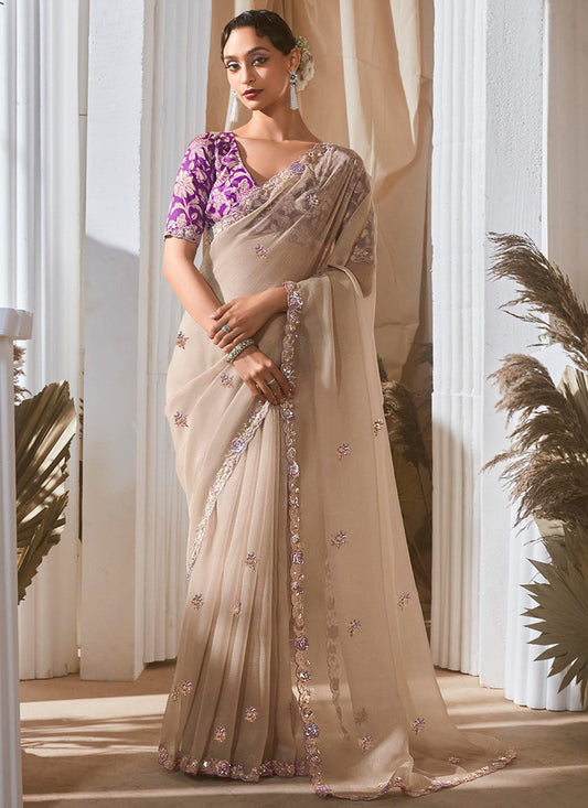 Fancy Beige Bridal Wear Saree with Lace Work 381687
