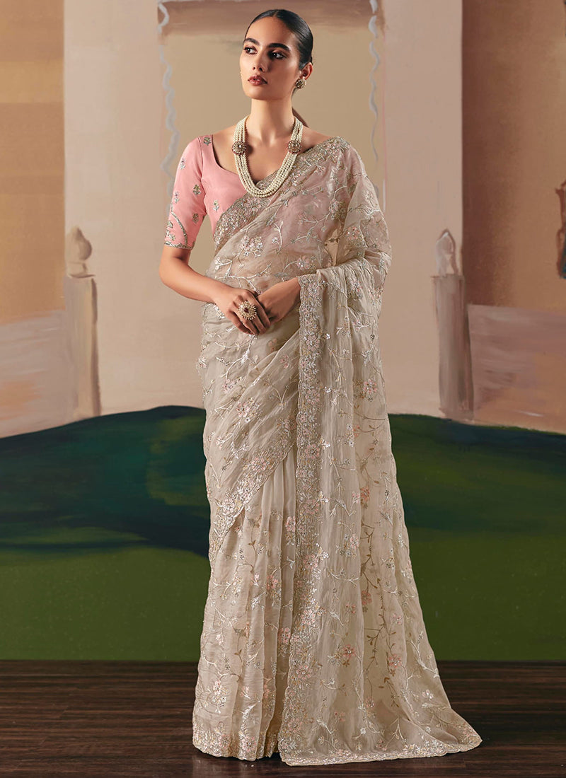 Fancy Fabric Beige Saree with Embroidery Work for Wedding Wear 384691