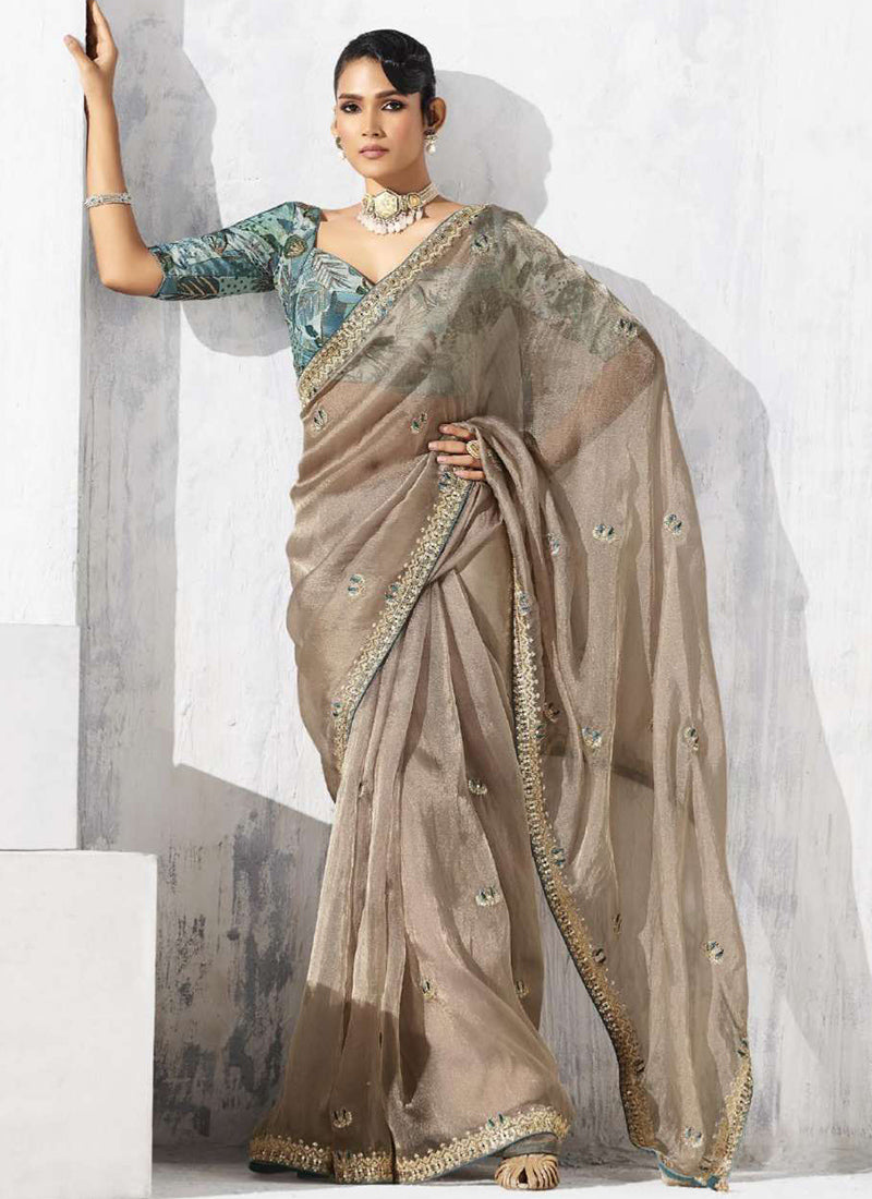 Fancy Fabric Beige Designer Saree with Thread Embroidery Work for Wedding Wear 384470