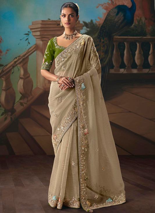 Beige Fancy Sequins Work  Wedding Wear Saree SW261685