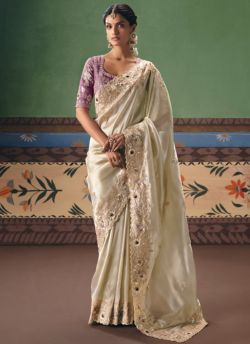 Beige Fancy Embroidery Work Wedding Wear Saree SW283695