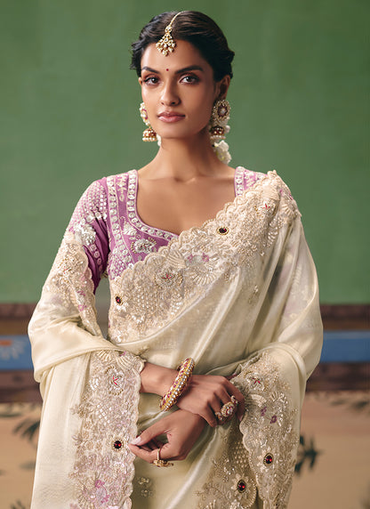 Beige Fancy Embroidery Work Wedding Wear Saree SW283695