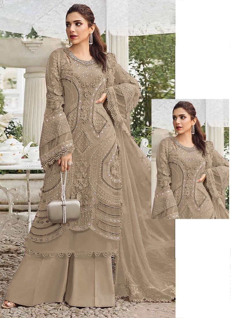 Faux Georgette Beige Eid Wear Embroidery Work Pakistani Suit 387661