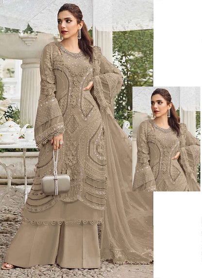 Faux Georgette Beige Eid Wear Embroidery Work Pakistani Suit 387661