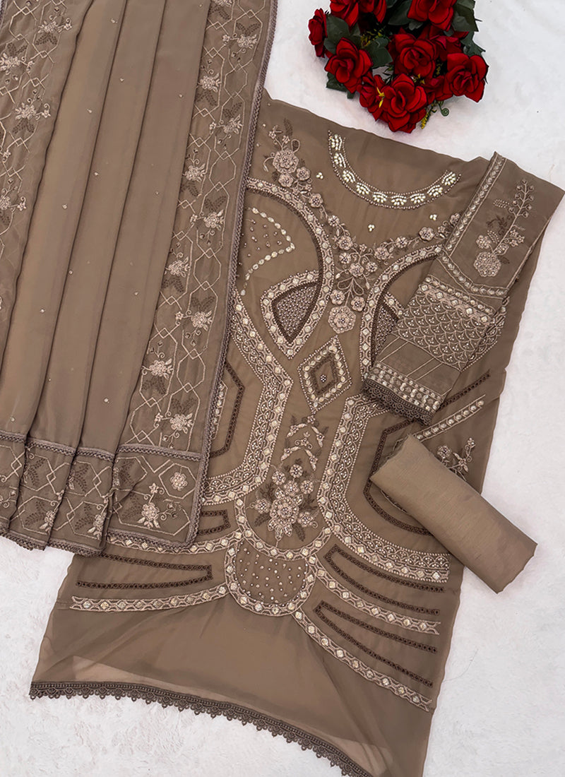 Faux Georgette Beige Eid Wear Embroidery Work Pakistani Suit 387661