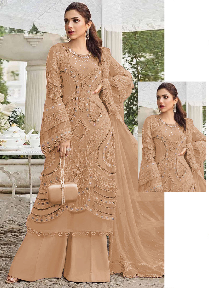 Faux Georgette Beige Eid Wear Embroidery Work Pakistani Suit 387663