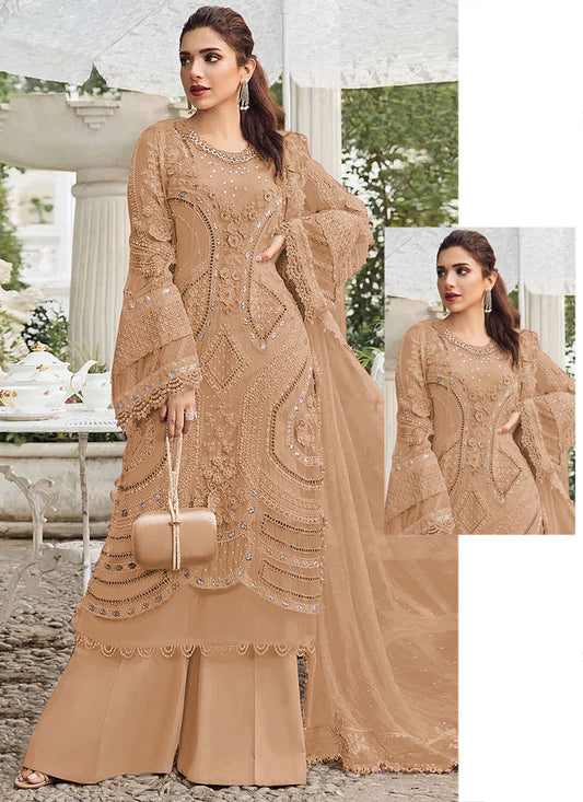 Faux Georgette Beige Eid Wear Embroidery Work Pakistani Suit 387663