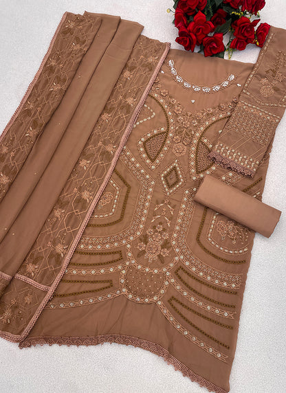 Faux Georgette Beige Eid Wear Embroidery Work Pakistani Suit 387663