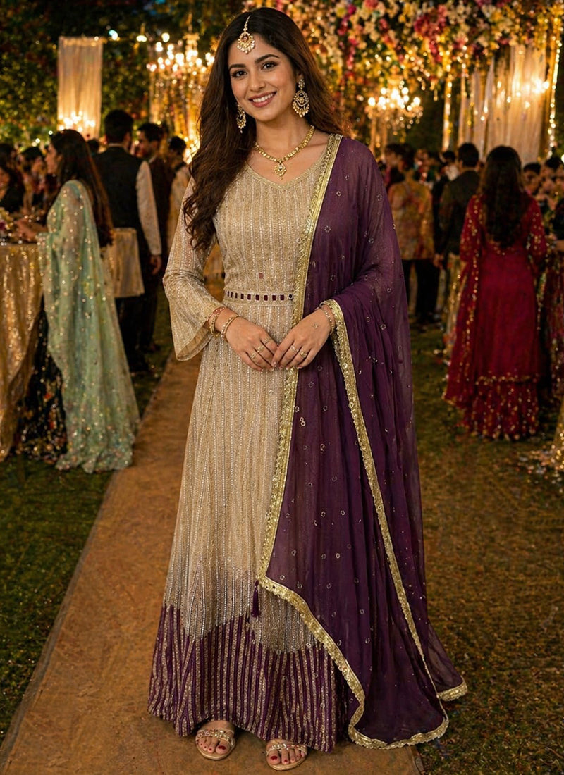Beige Georgette Embroidery Work Festival Wear Readymade Gown With Dupatta SW361731