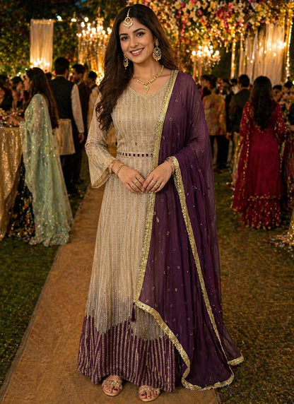 Beige Georgette Embroidery Work Festival Wear Readymade Gown With Dupatta SW361731