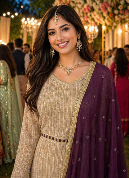 Beige Georgette Embroidery Work Festival Wear Readymade Gown With Dupatta SW361731