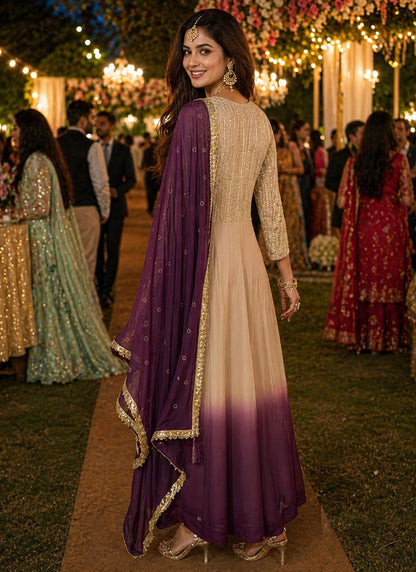 Beige Georgette Embroidery Work Festival Wear Readymade Gown With Dupatta SW361731