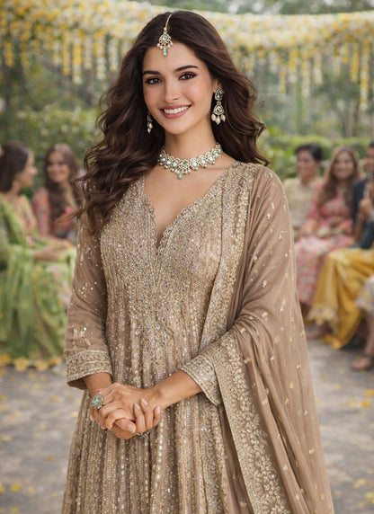 Beige Georgette Embroidery Work Occasional Wear Readymade Anarkali Suit SW477167