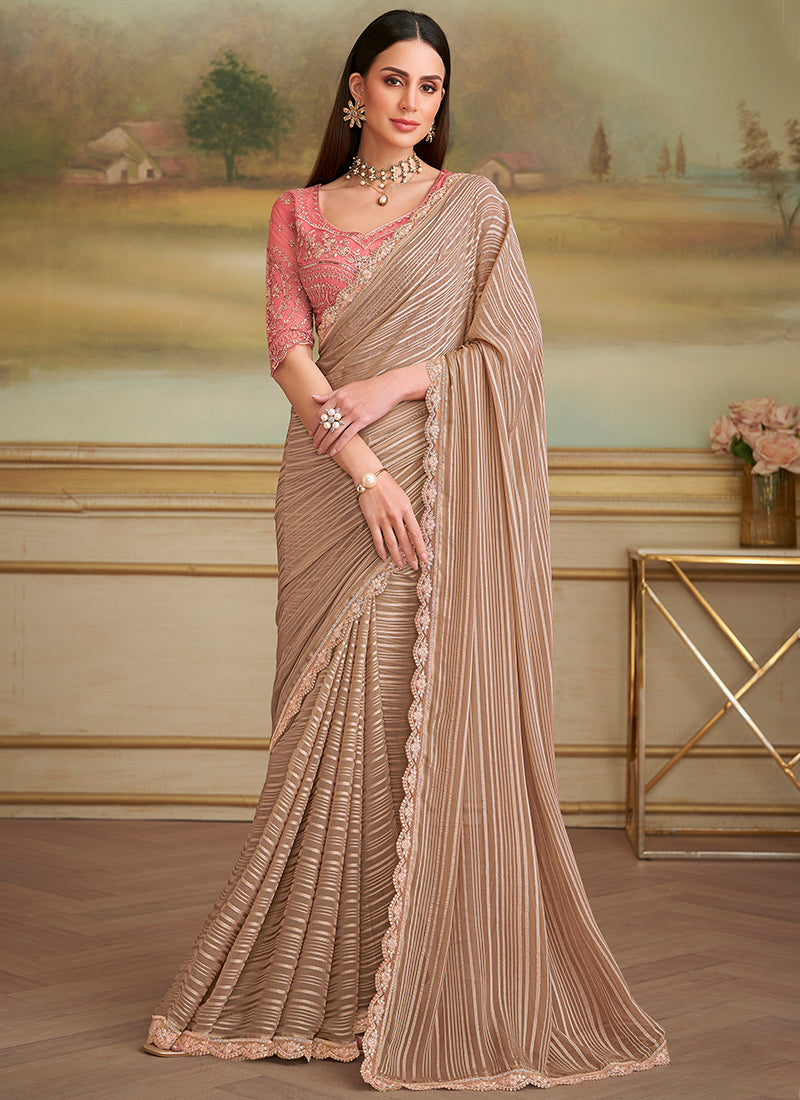 Georgette Beige Party Wear Embroidery Work Saree 386395