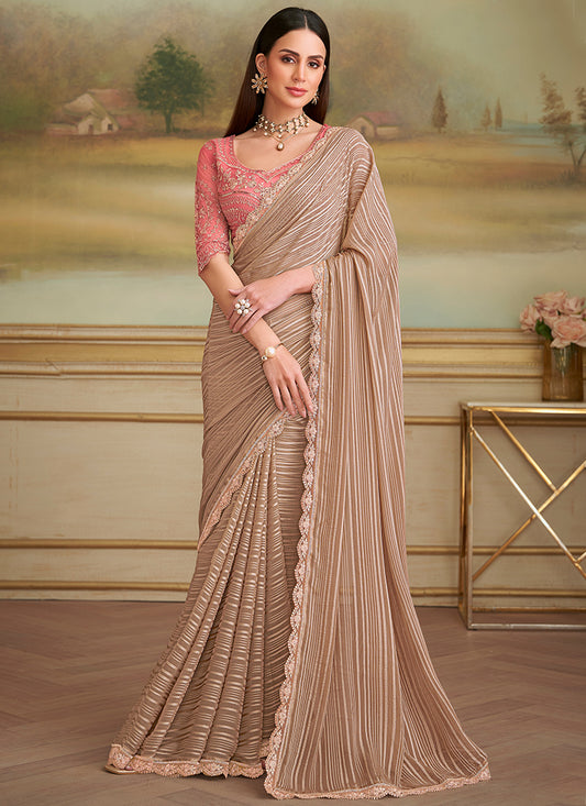 Georgette Beige Party Wear Embroidery Work Saree 386395
