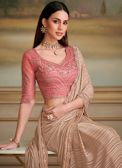 Georgette Beige Party Wear Embroidery Work Saree 386395