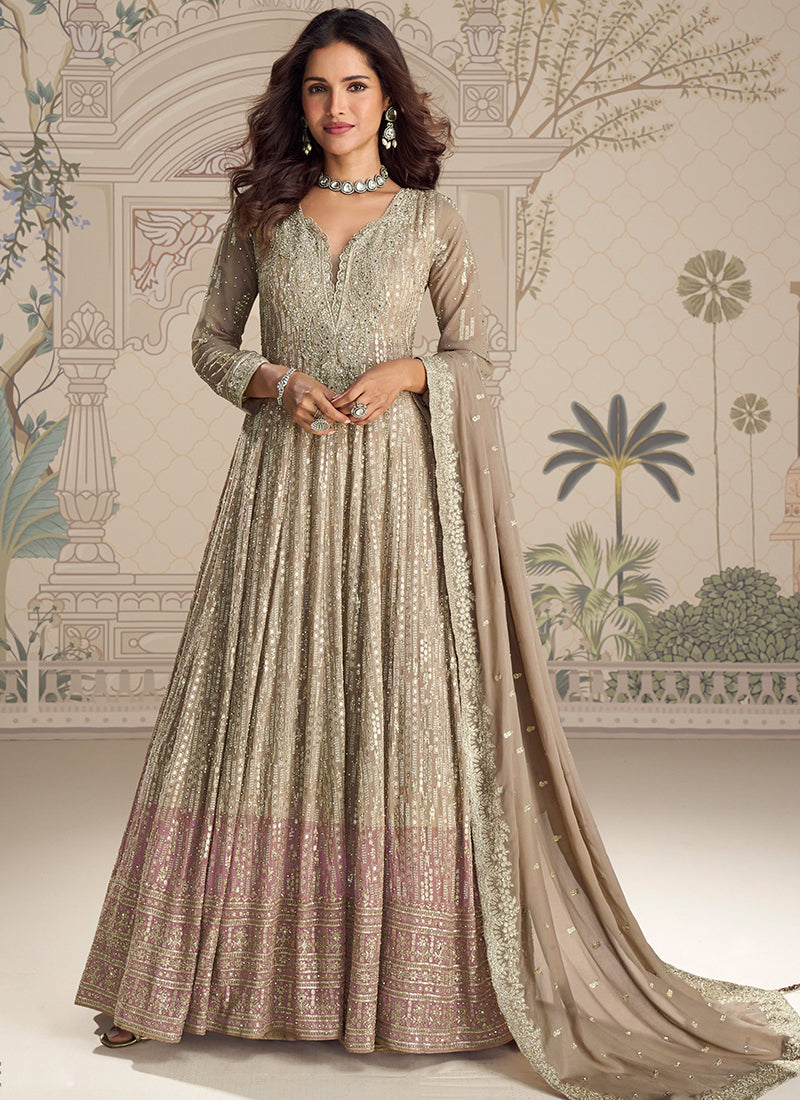 Beige Georgette Sequins Embroidery Work Party Wear Readymade Anarkali Gown SW451391