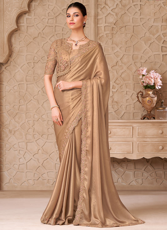 Georgette Beige Party Wear Embroidery Work Saree 385716