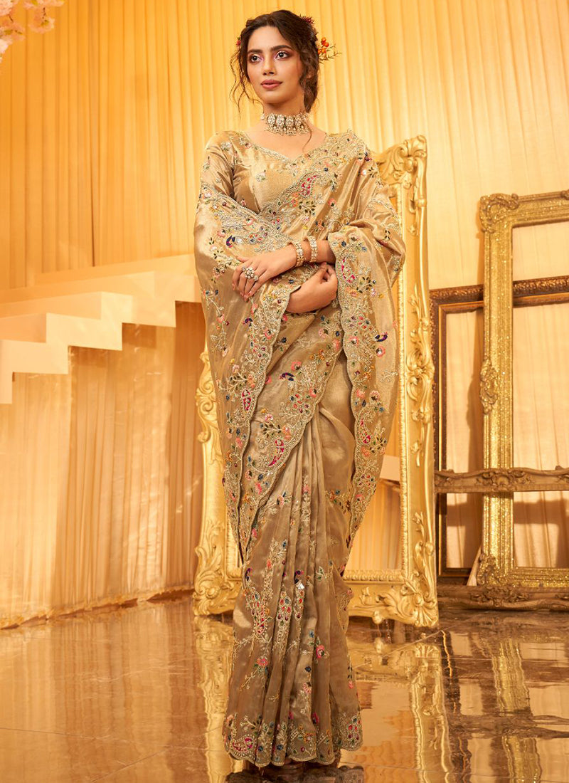 Beige Giraffe Viscose Silk Zari Work Wedding Wear Wedding Saree SW863890