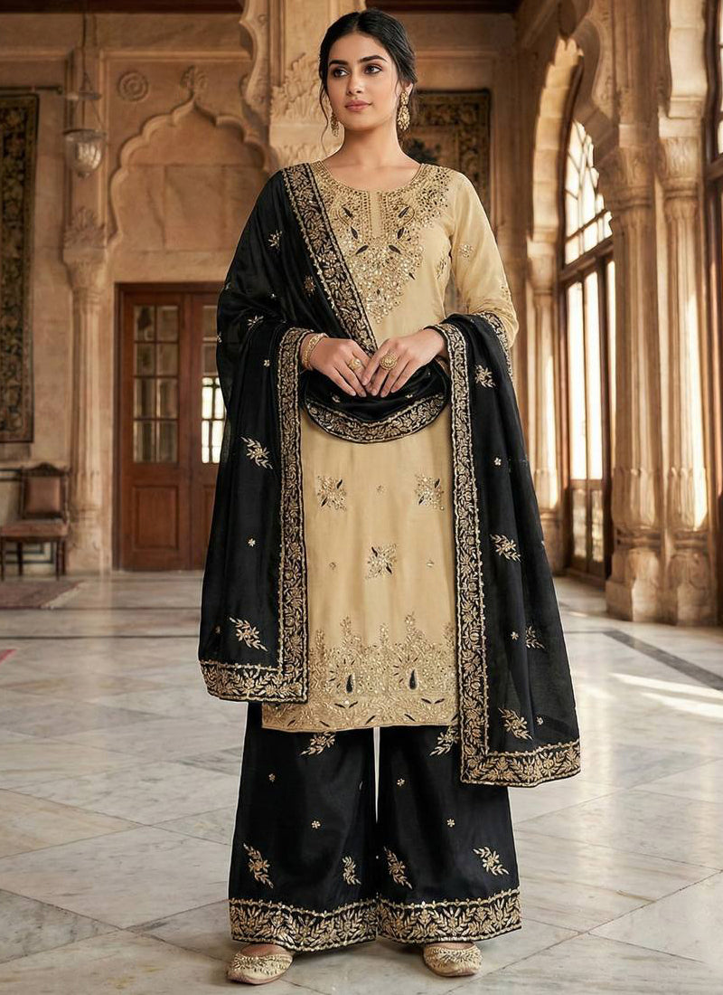 Beige Gmy Silk Sequins Work Festival Wear Readymade Salwar Suit SW224591