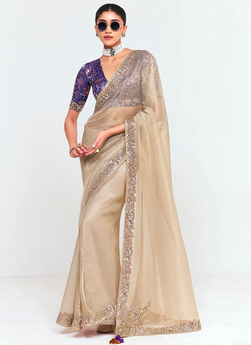 Beige Gold Fancy Silk Border Work Wedding Wear Wedding Saree SW426383