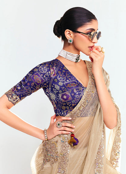 Beige Gold Fancy Silk Border Work Wedding Wear Wedding Saree SW426383