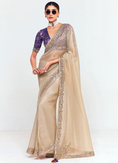 Beige Gold Fancy Silk Border Work Wedding Wear Wedding Saree SW426383