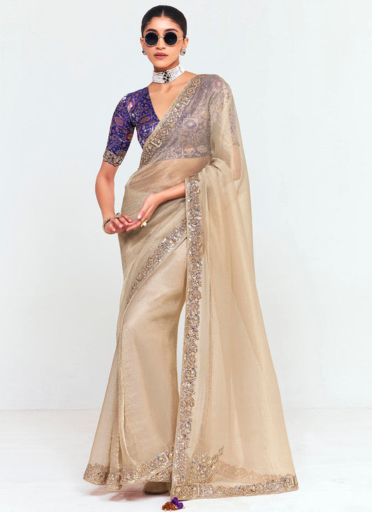 Beige Gold Fancy Silk Border Work Wedding Wear Wedding Saree SW426383