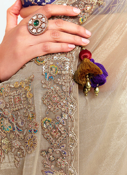 Beige Gold Fancy Silk Border Work Wedding Wear Wedding Saree SW426383