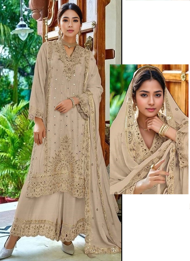 Heavy Chinon Beige Eid Wear Zari Work Readymade Pakistani Suit 388115