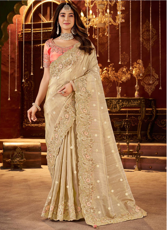 Jacquard Tissue Silk Beige Wedding Wear Border Work Wedding Saree 387801